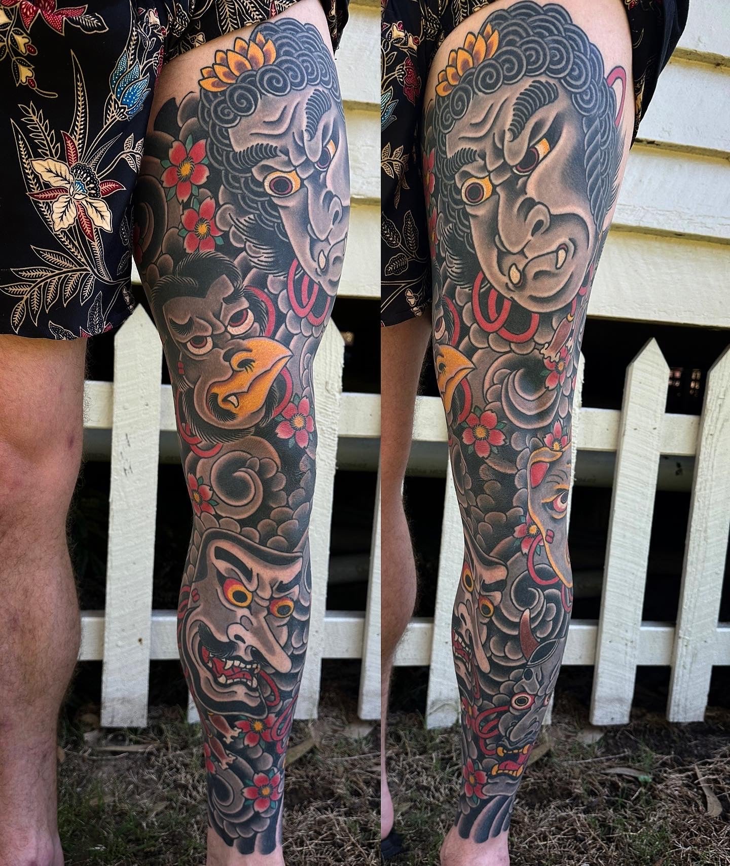 Traditional Japanese noh mask leg sleeve with tengu and Hannya