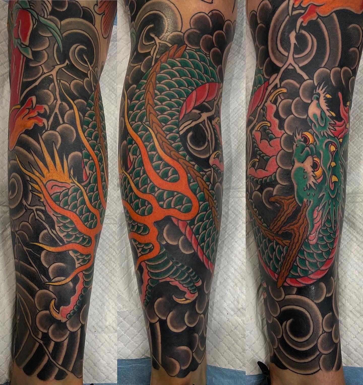 Japanese green dragon calf tattoo 