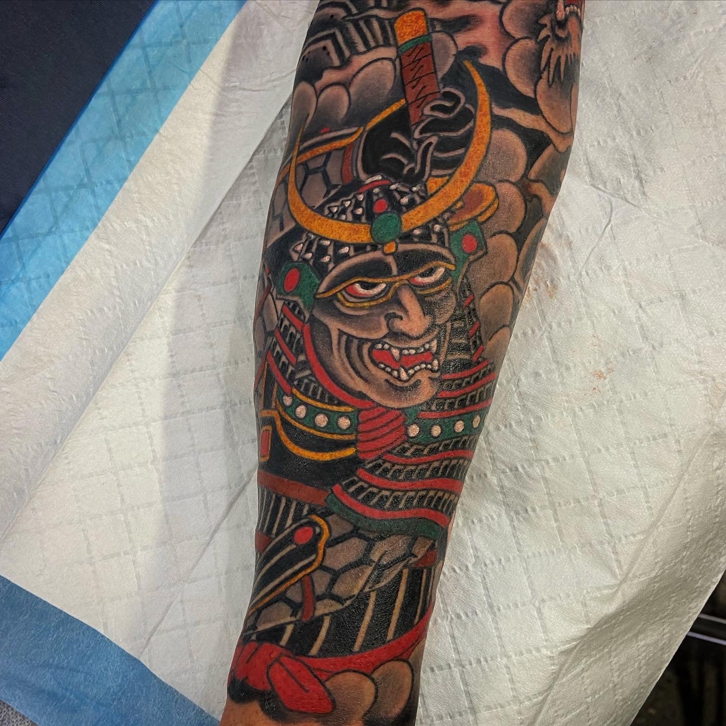 Colour Japanese samurai forearm tattoo