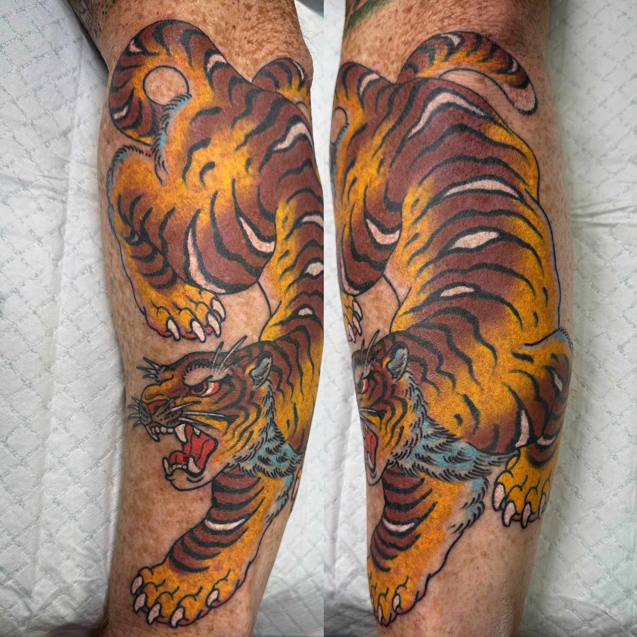 One shot Yellow and brown Japanese tiger tattoo