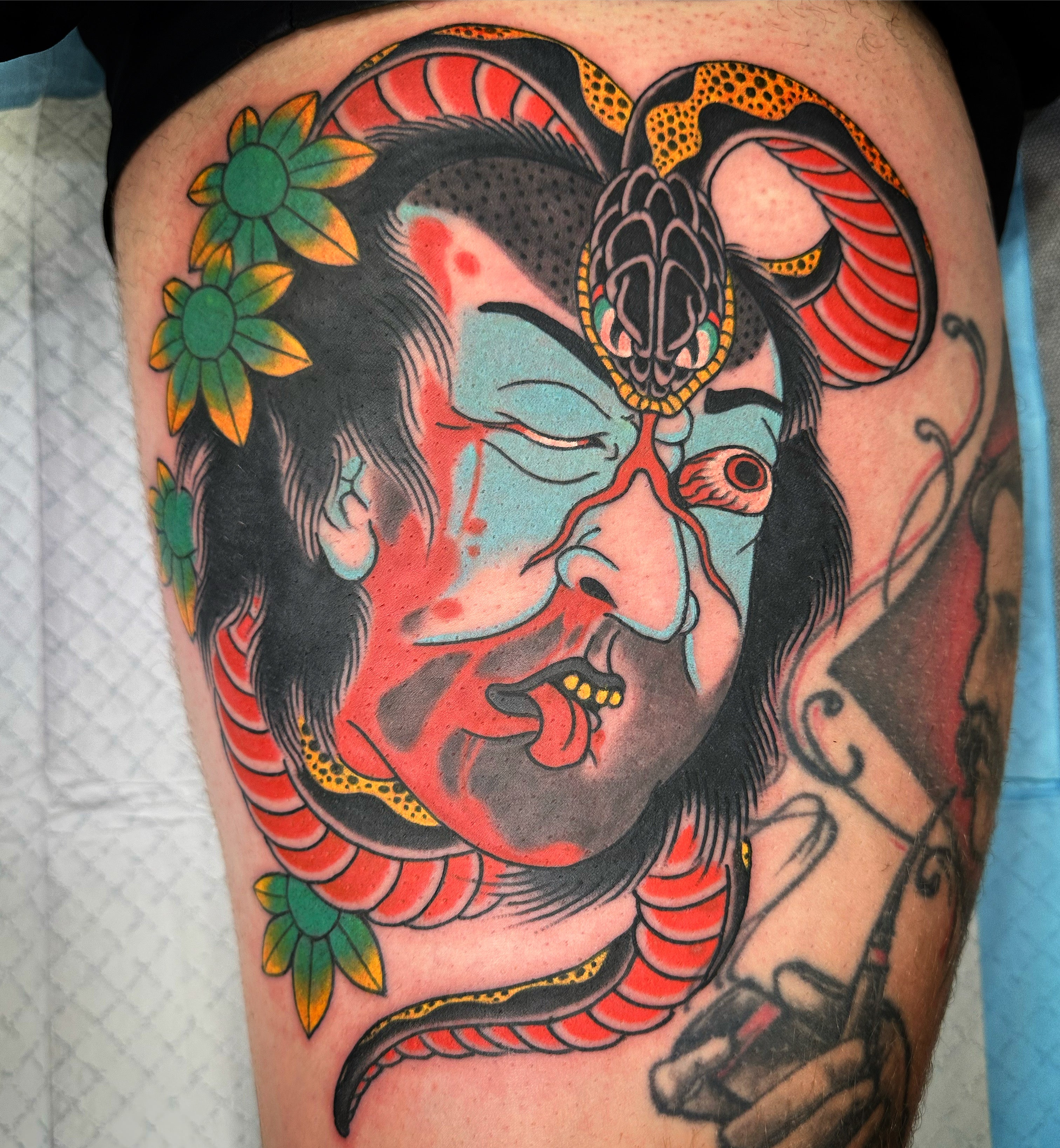 Colour Japanese namakubi and snake tattoo