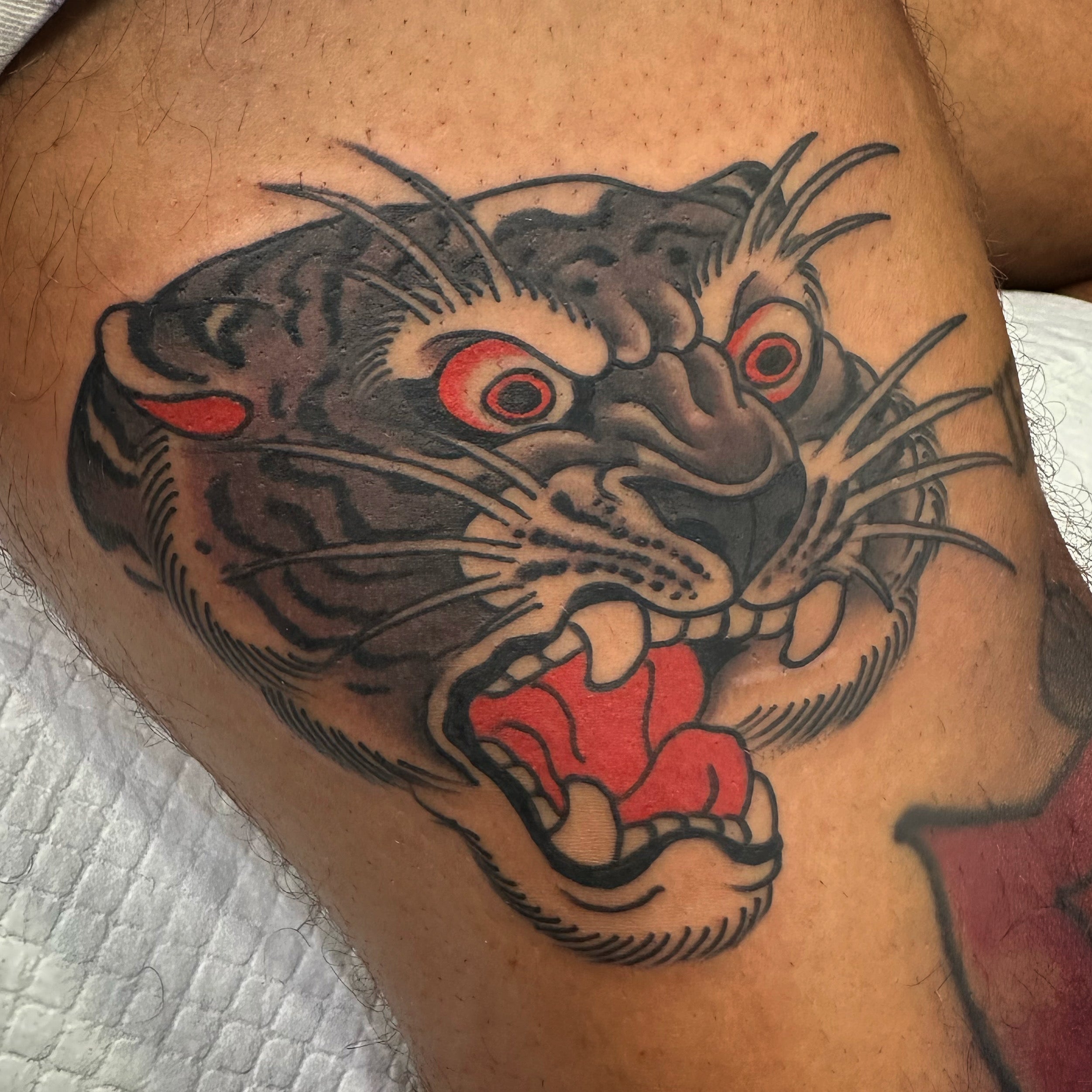 Black and grey with red Tiger head tattoo