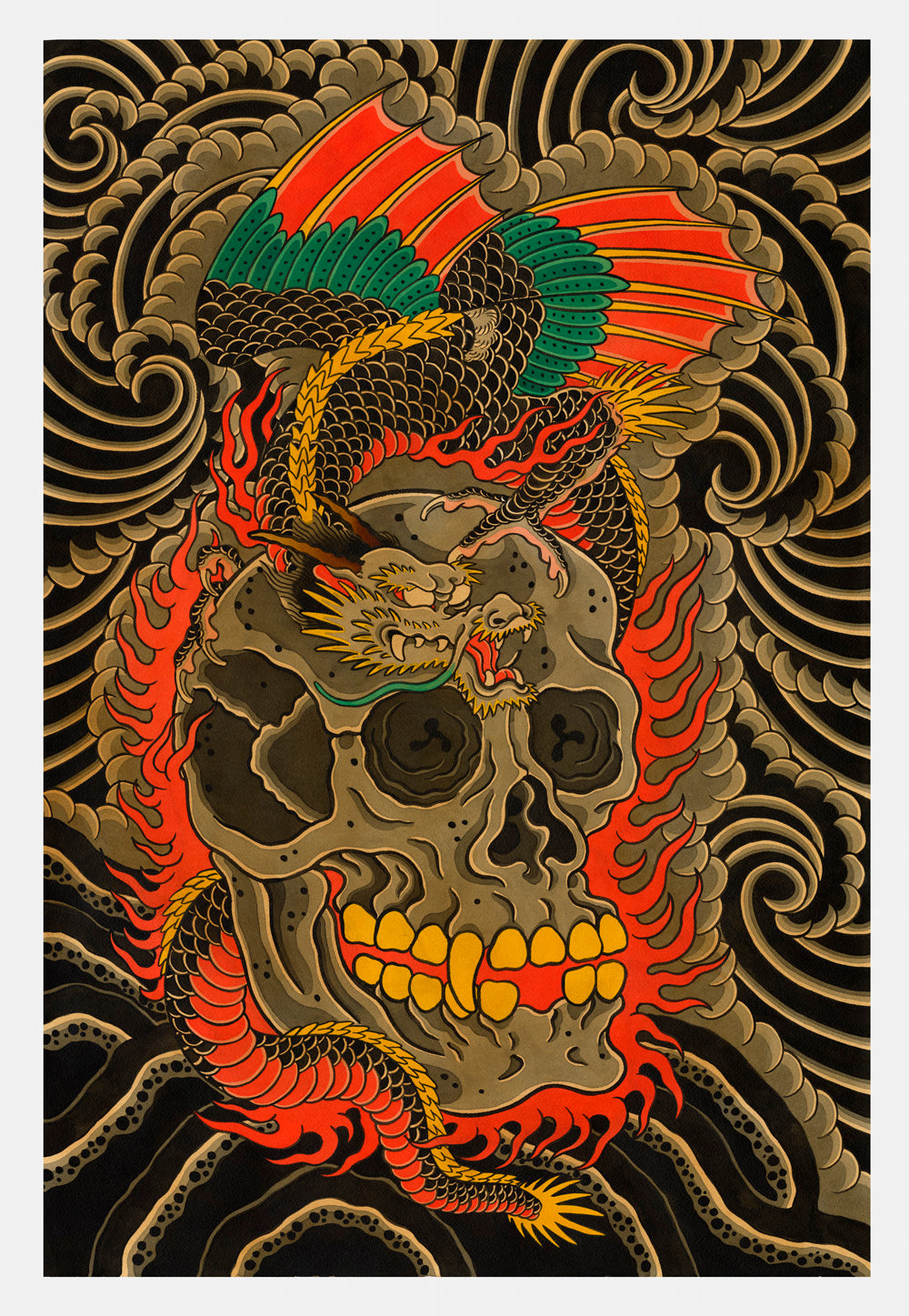 Japanese winged Dragon and skull