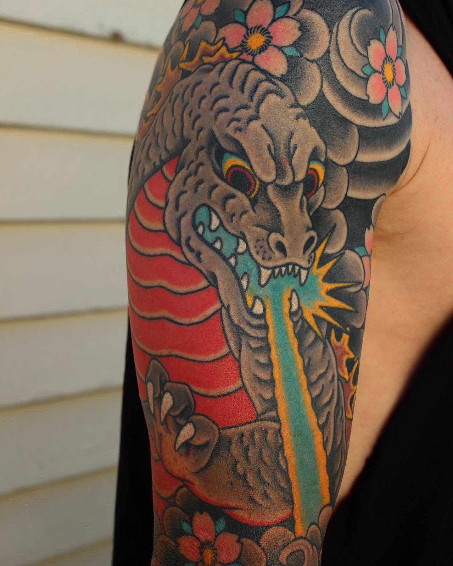 Traditional Japanese Godzilla tattoo in colour