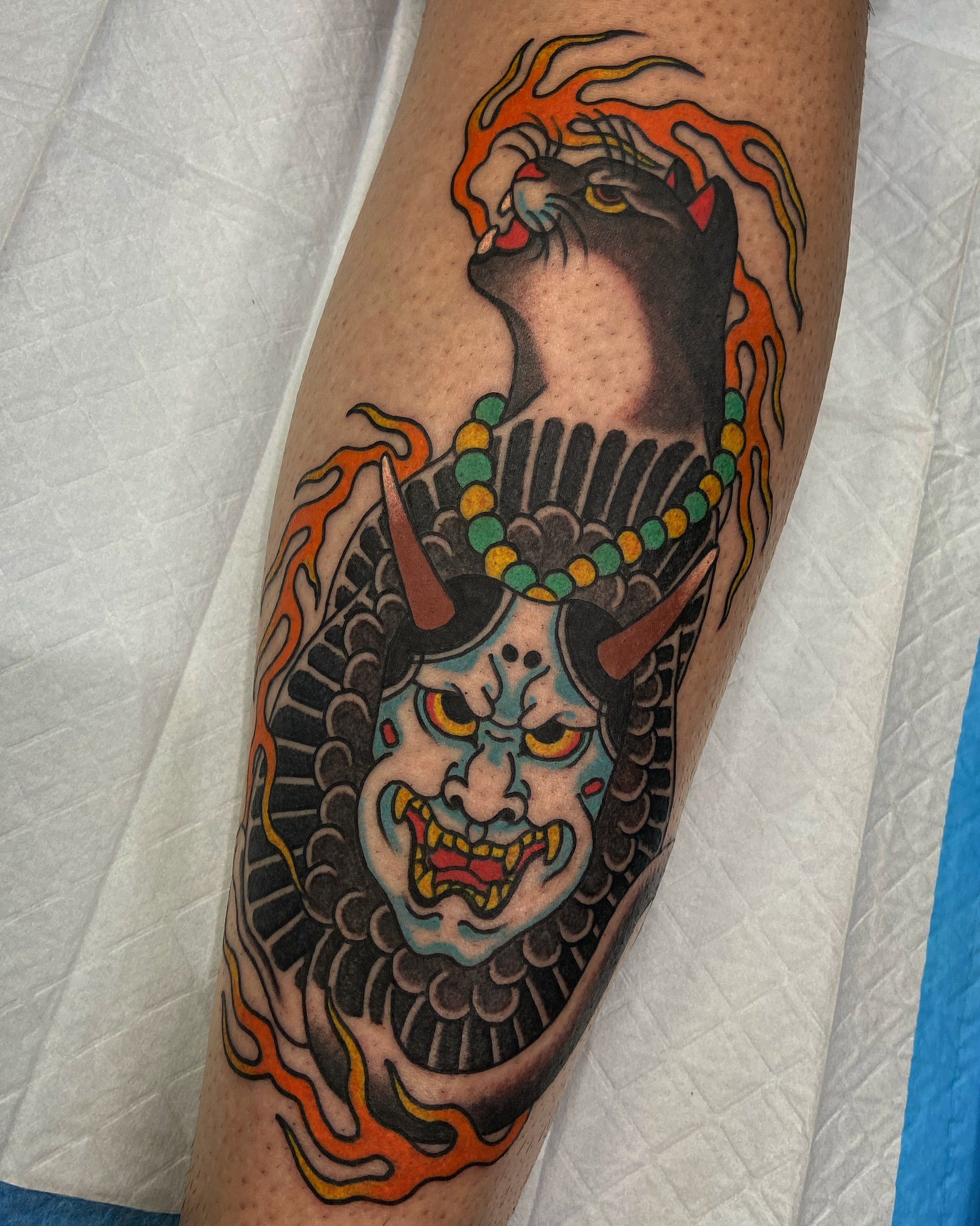 Japanese monmon cat with Hannya mask backpiece tattoo