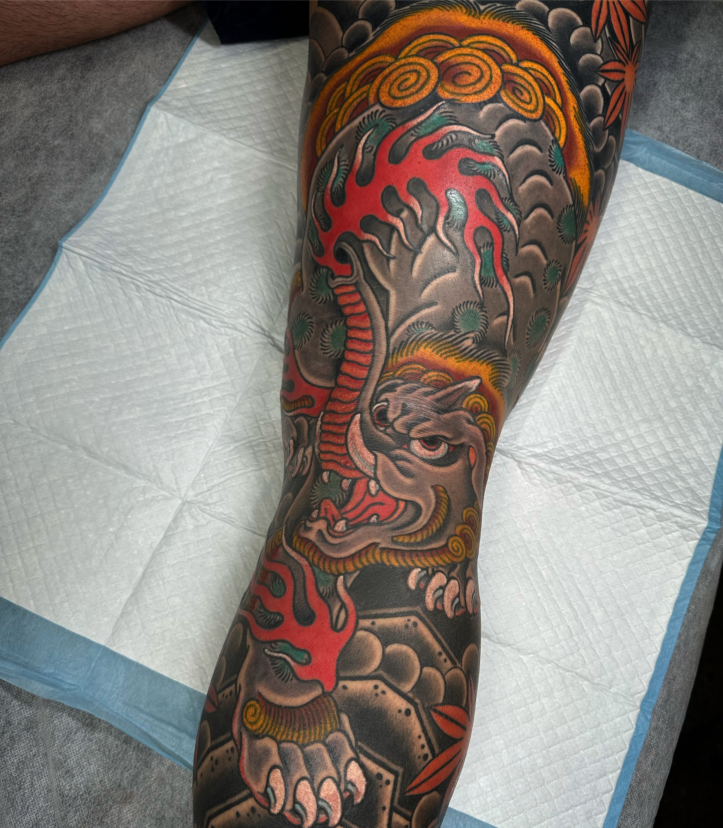 Japanese yokai Baku leg sleeve tattoo