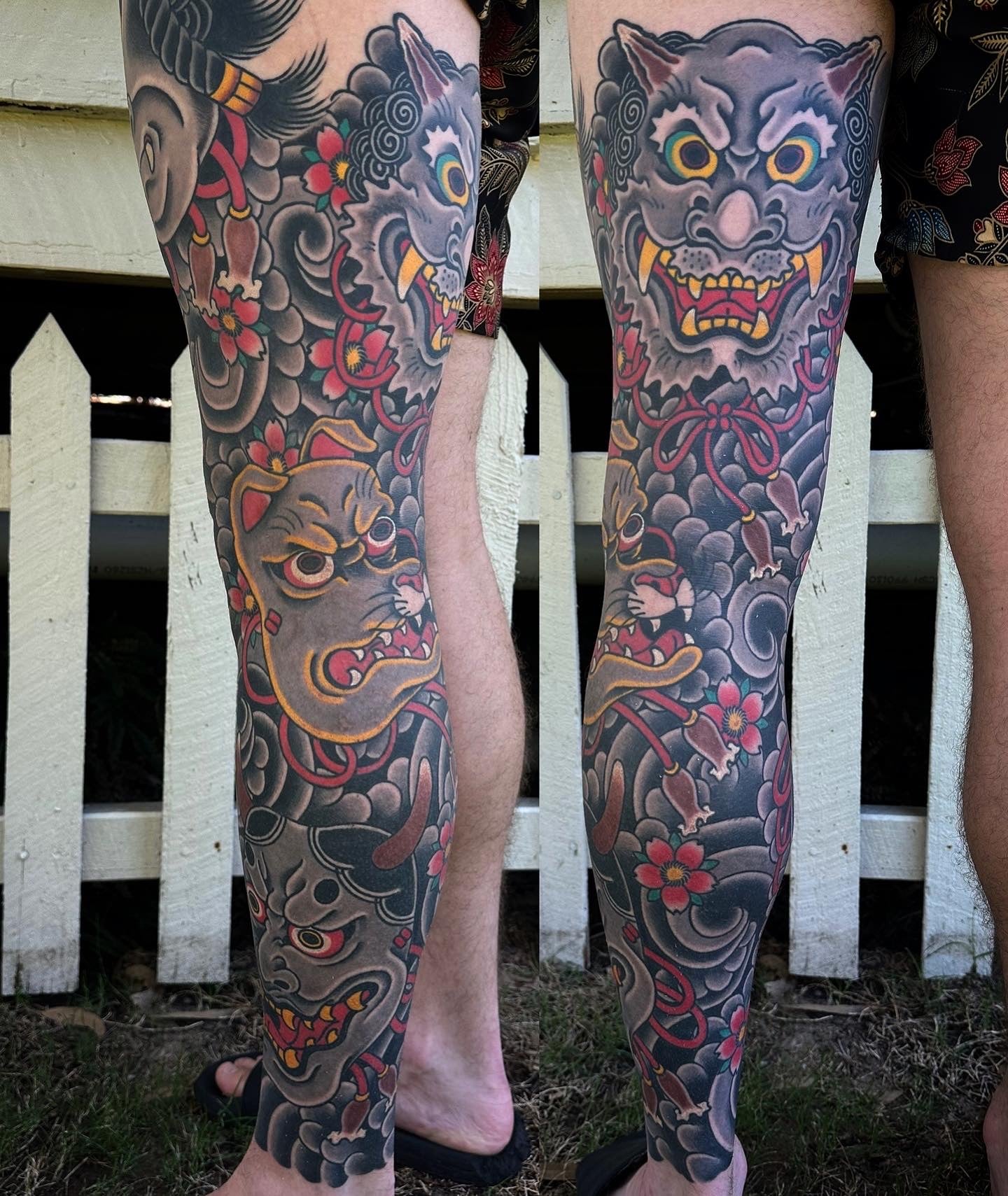 Japanese leg sleeve with hannya, oni and kitsune noh masks