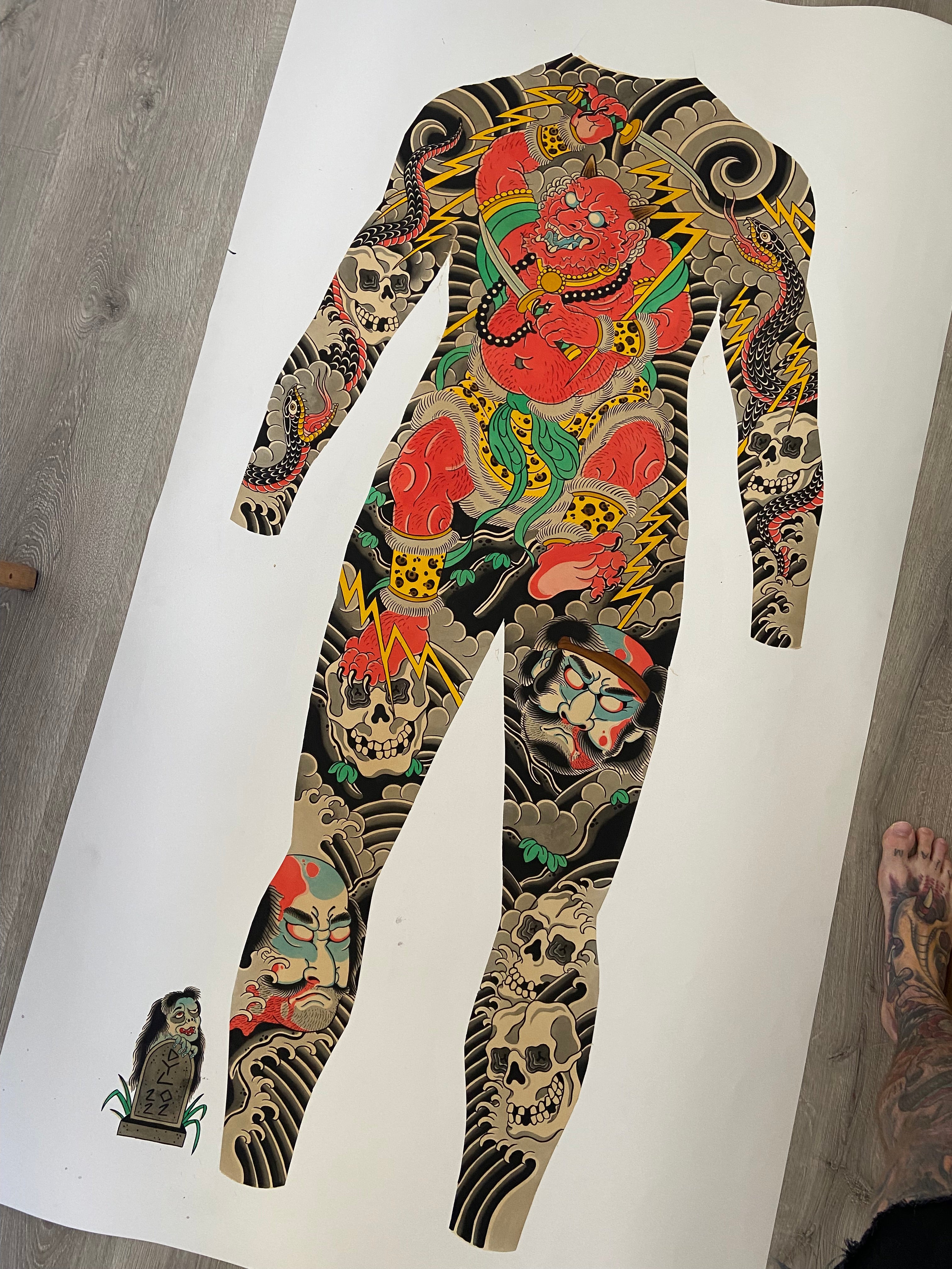 Japanese red oni, namakubi, snake and skull full body suit