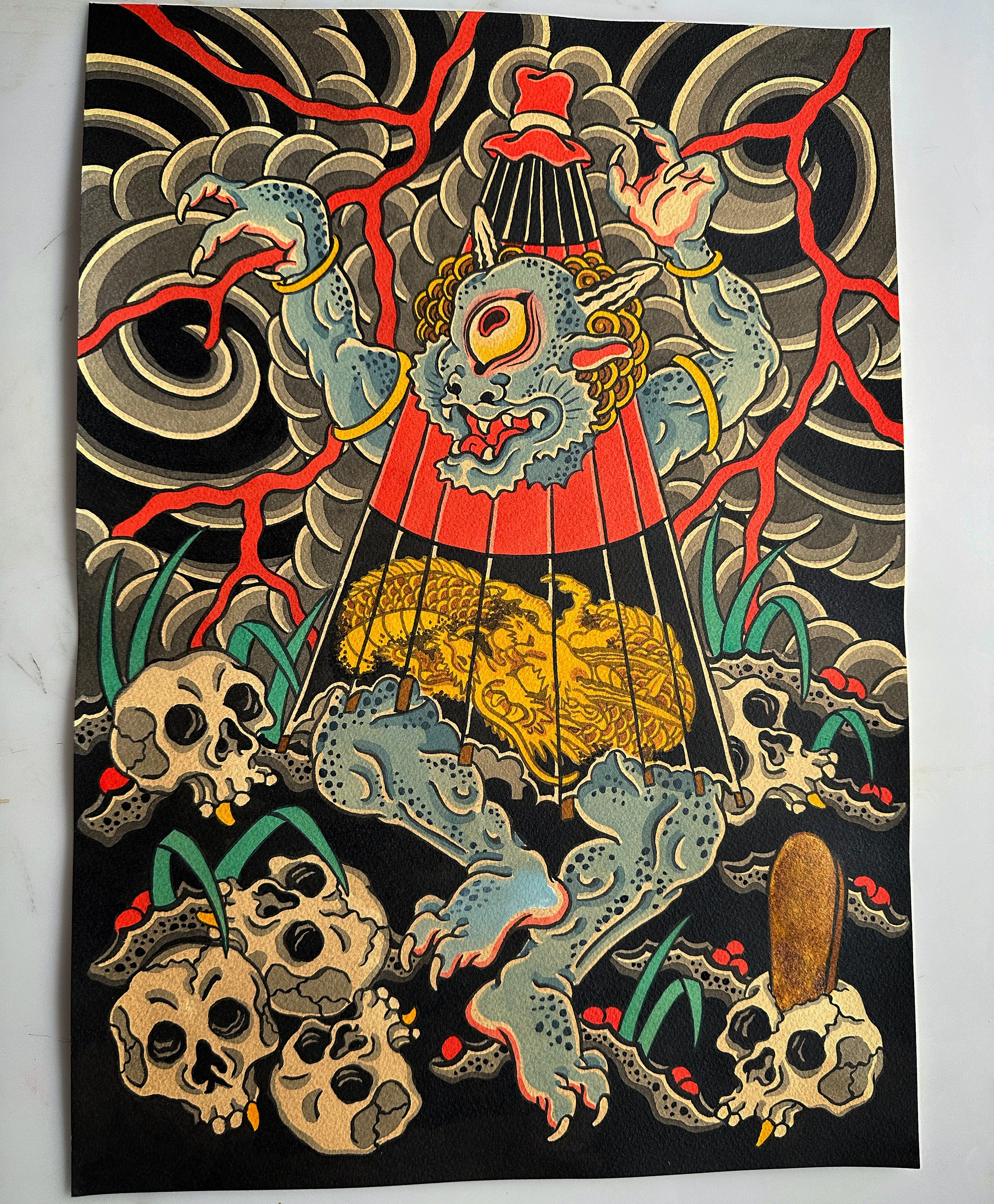 Japanese yokai oni and skulls