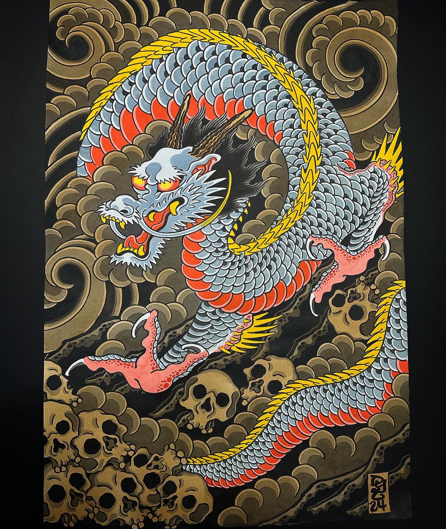 Blue Japanese year of the dragon with skulls 